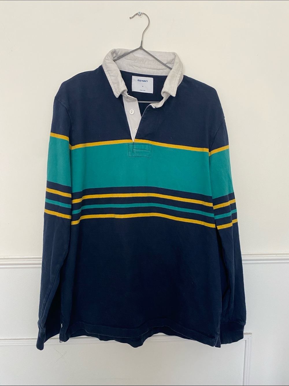 Old Navy Navy, Teal & Yellow Striped Rugby Polo